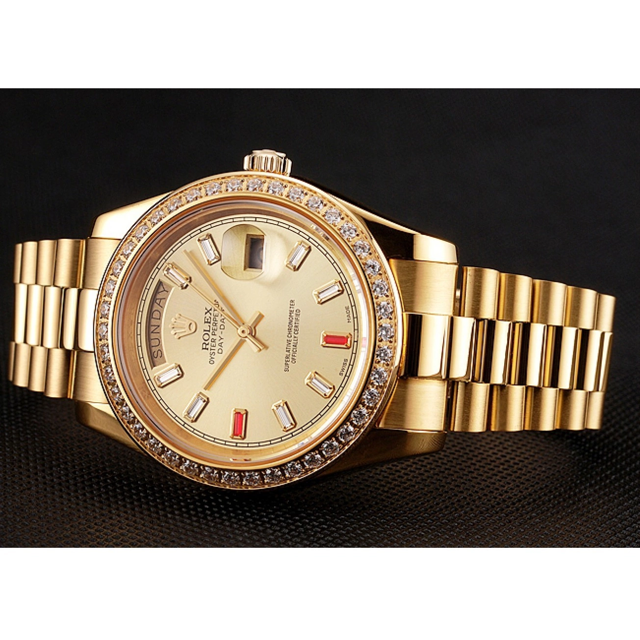 Aaa replica watch Rolex And Diamonds Champagne Dial Gold Swiss Rubies Bracelet Day-Date 1454100 0707
